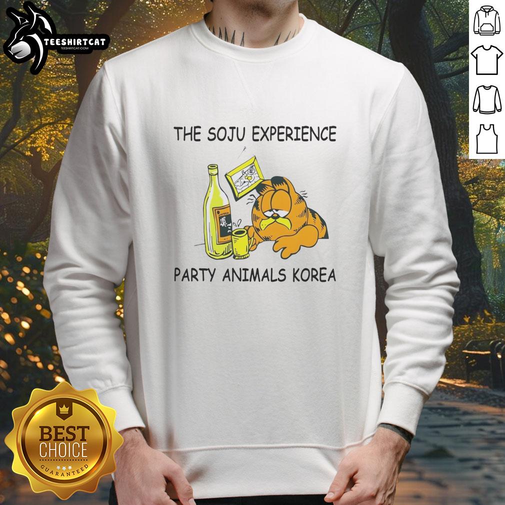 Group of friends wearing 'Nice-The-Soju-Experience' sweatshirts at a vibrant party in Korea, celebrating and enjoying together.