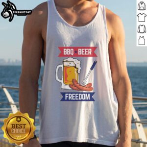 Alt Text: Official BBQ and Beer Freedom Tank Top featuring a patriotic design, perfect for summer cookouts and casual outings.