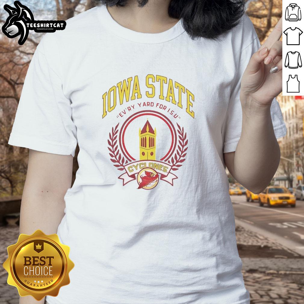 Official Iowa State Campanile design on Ash Every Yard tee for ISU ladies, showcasing school pride and style.