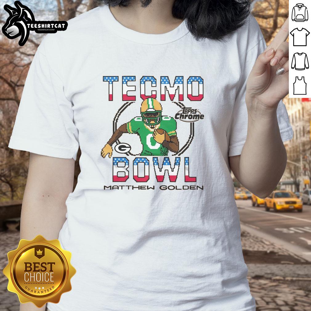 Alt Text: Official Tecmo Bowl X Topps Chrome Packers Matthew Golden Ladies Tee featuring vibrant graphics and comfortable fit.