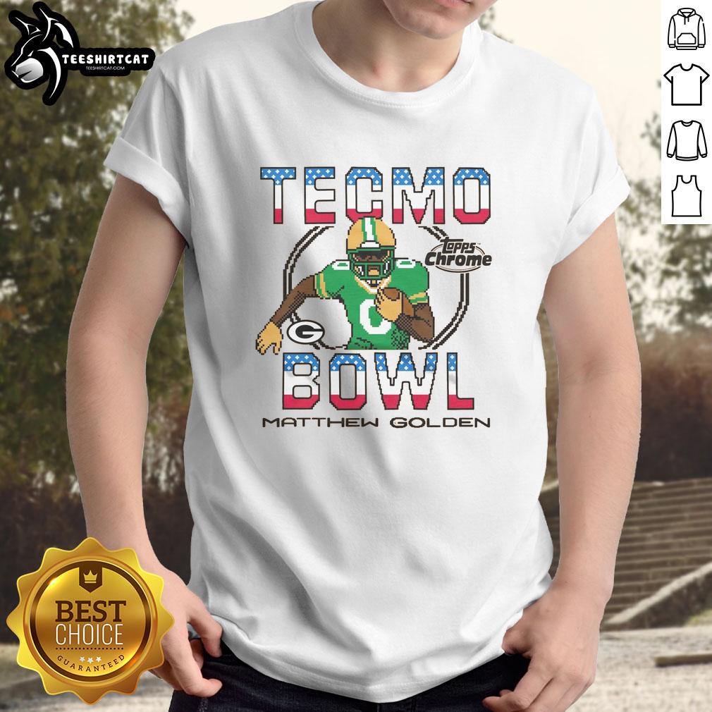 Official Tecmo Bowl X Topps Chrome Packers Matthew Golden T-Shirt featuring vibrant graphics and comfortable fit.
