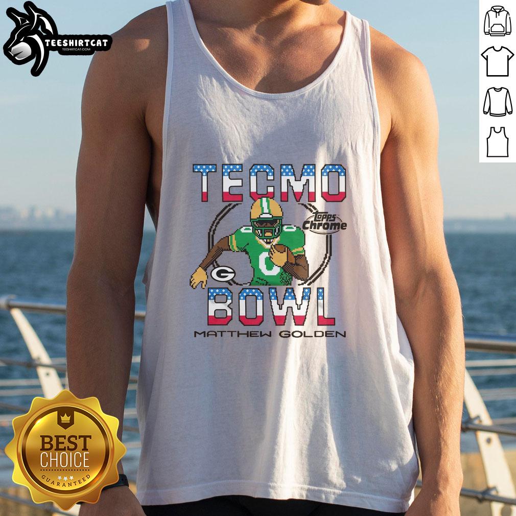 Official Tecmo Bowl X Topps Chrome Matthew Golden tank top featuring the Packers logo and vibrant design.