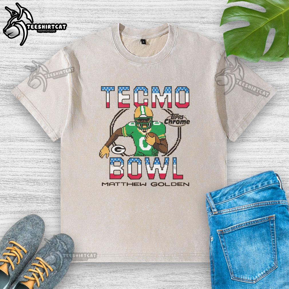 Alt Text: Official Tecmo Bowl X Topps Chrome Packers Matthew Golden Washed T-Shirt featuring a vintage football design.