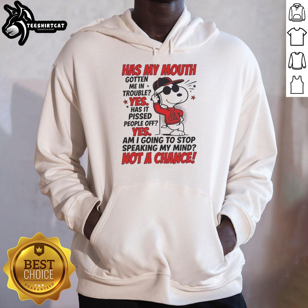 Alt Text: Snoopy in a red hoodie with Joe Cool text, humorously reflecting on getting into trouble with his mouth.