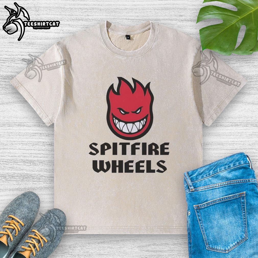 Alt Text: Original Spitfire Wheels logo on a washed t-shirt, featuring a vintage design perfect for skate enthusiasts.