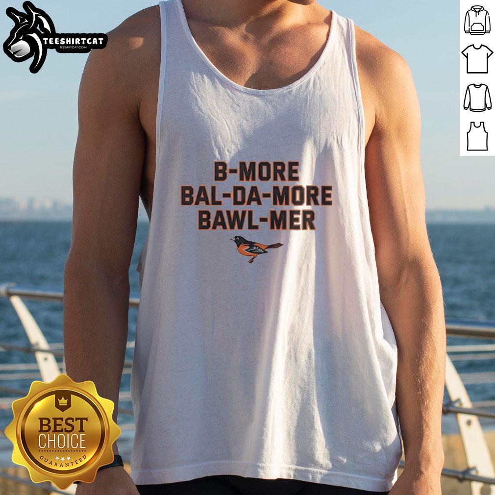 Premium Baltimore Orioles tank top featuring a stylish Bmore Bawlmer logo, perfect for fans and casual wear.