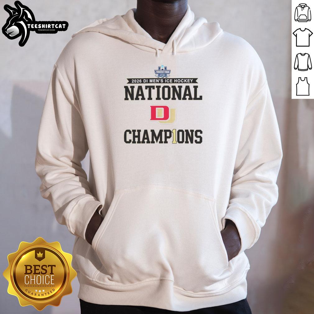 Alt Text: Premium Denver Pioneers 2026 Men's Ice Hockey Frozen Four Champions Hoodie displayed in vibrant colors.