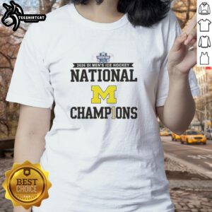 Premium Michigan Wolverines 2026 Di Men's Ice Hockey Frozen Four Champions ladies tee featuring vibrant team colors and logo.