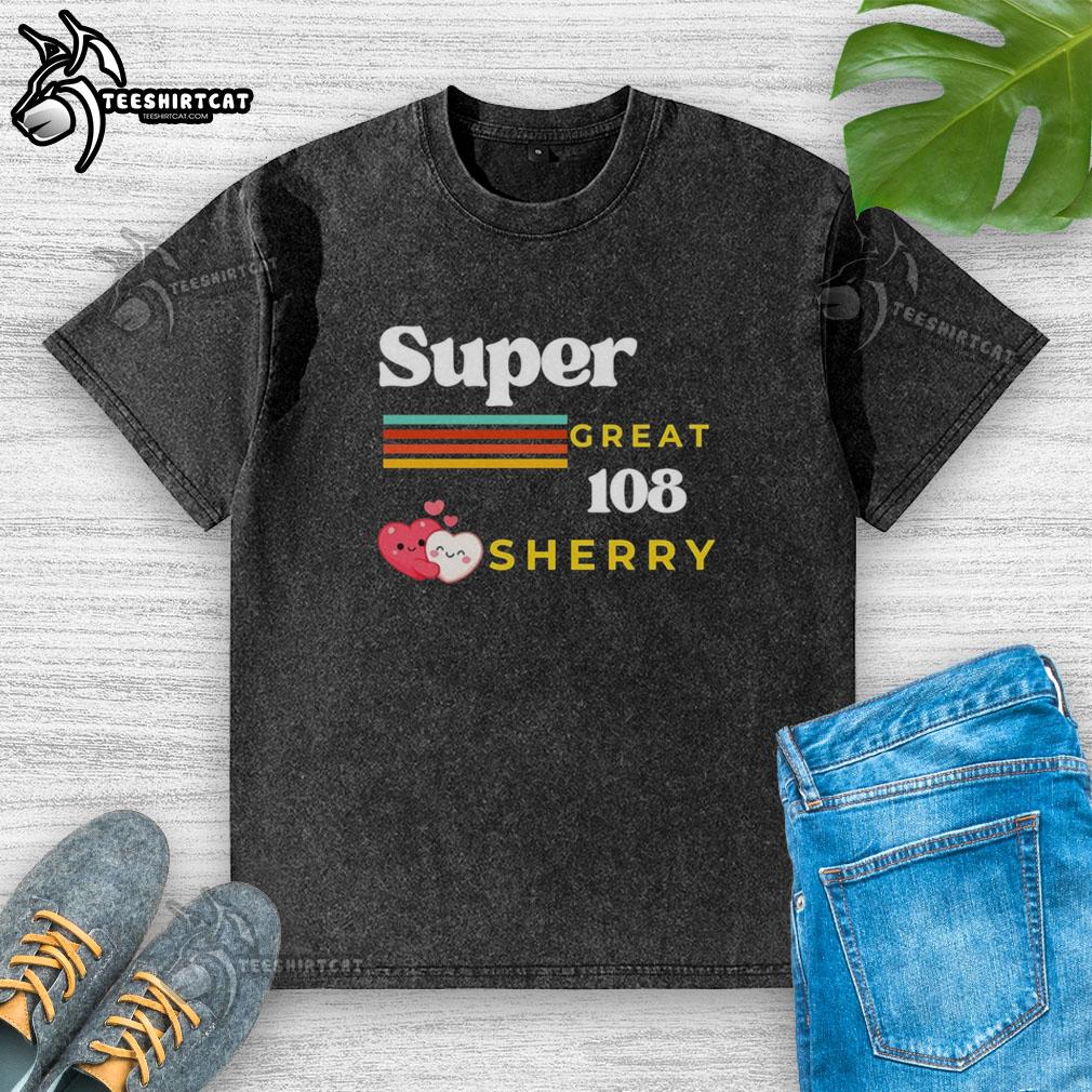 Alt Text: Premium Super Great 108 Loves Sherry retro washed t-shirt with two hearts hugging design, perfect for casual wear.