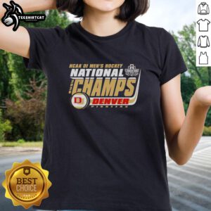 Alt Text: 2026 NCAA Frozen Four Men's Ice Hockey Champions Denver Pioneers bracket on a stylish ladies tee.