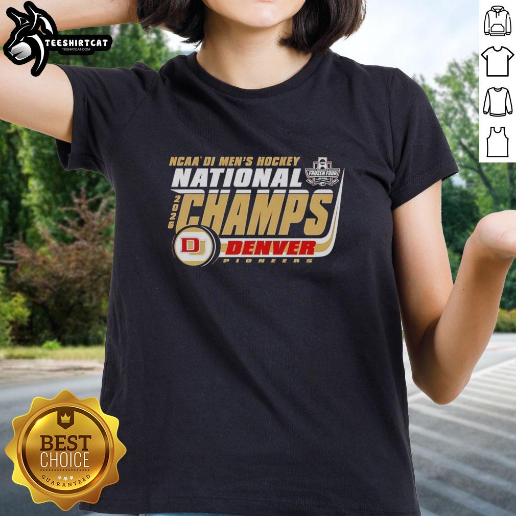 Alt Text: 2026 NCAA Frozen Four Men's Ice Hockey Champions Denver Pioneers bracket on a stylish ladies tee.