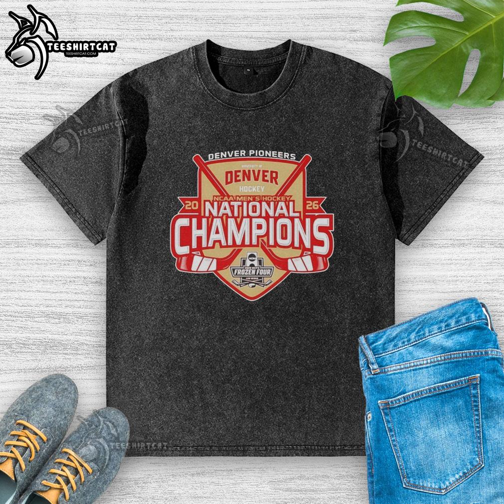 Alt Text: Denver Pioneers 2026 NCAA Frozen Four Men's Ice Hockey National Champions washed t-shirt in vibrant colors.
