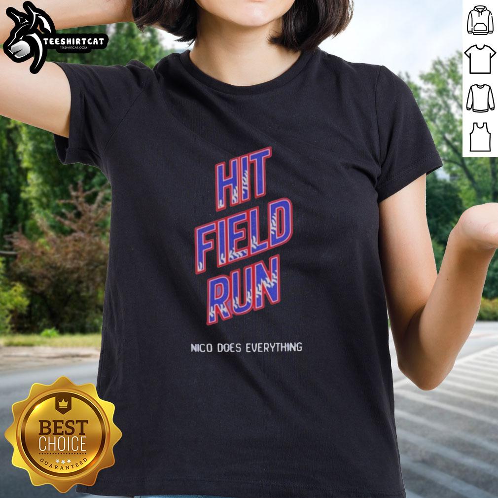 Pretty Hit Field Run Nico Does Everything Ladies Tee featuring vibrant design and comfortable fit for active women.