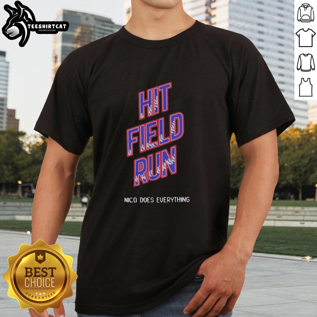 Alt Text: Pretty Hit Field Run Nico Does Everything T-Shirt featuring vibrant graphics and a comfortable design, perfect for fans.