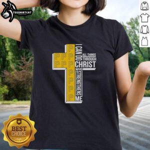 Alt Text: Pretty Pittsburgh Pirates ladies tee featuring 'I Can Do All Things Through Christ Who Strengthens Me' design.