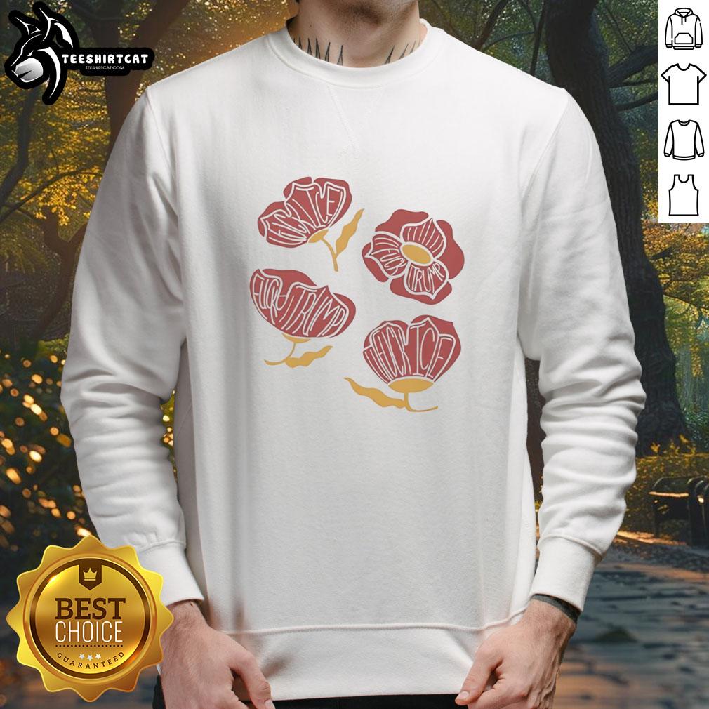 Red poppy floral sweatshirt featuring 'F*ck Trump' slogan, perfect for bold fashion statements and political expression.