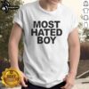 Alt Text: Stylish 'Nice Most Hated Boy' letter T-shirt displayed on a hanger, perfect for casual streetwear fashion.