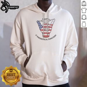 A Theoretical Function Hoodie in charcoal grey with white graphic print on front, displayed on a wooden hanger