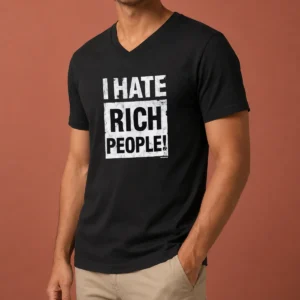 Awesome I Hate Rich People Tekken 8 Video Game V Neck Shirt in black, showing front graphic and fitted cut
