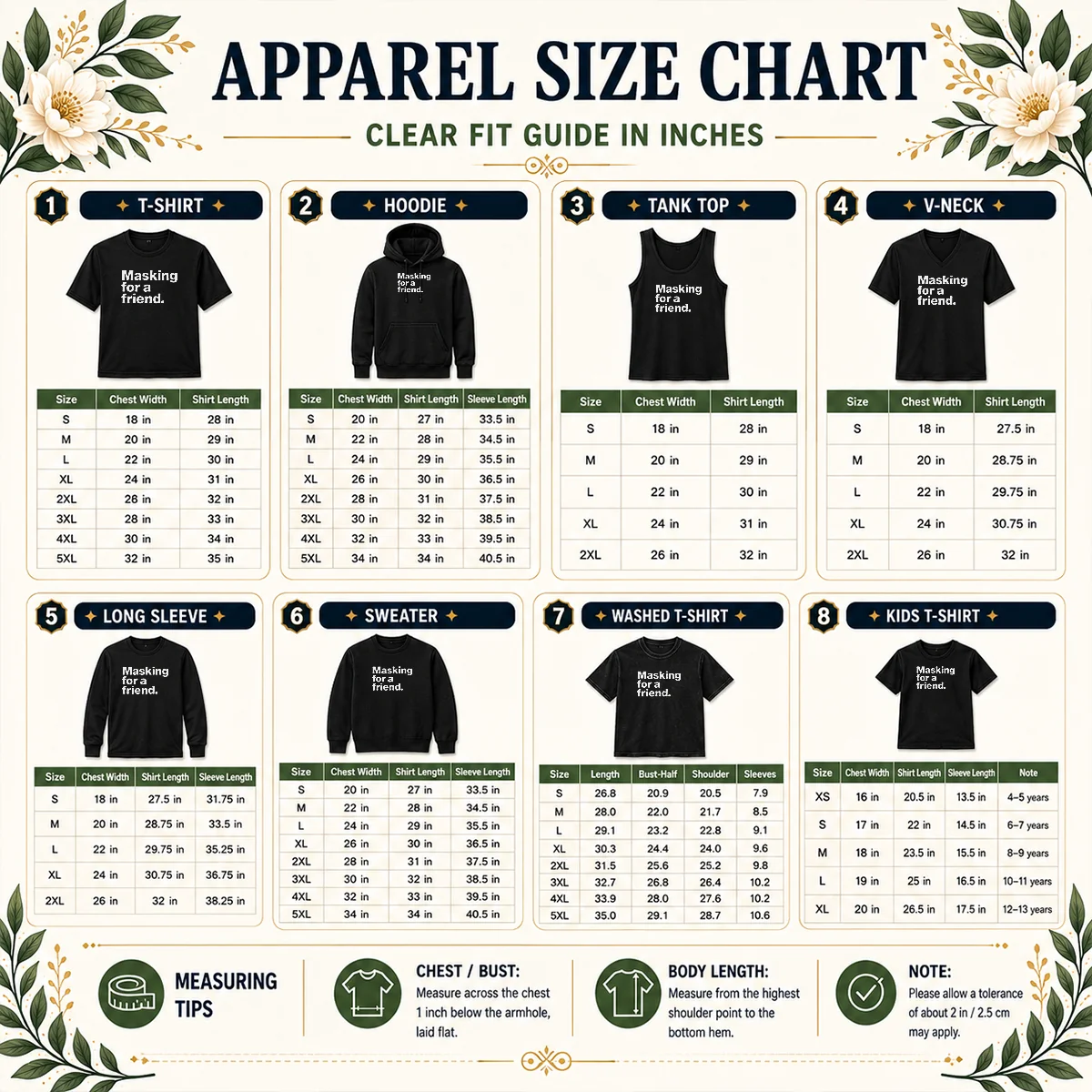 Awesome Masking For A Friend Size Chart Size chart for Awesome Masking For A Friend with measurements in inches and cm