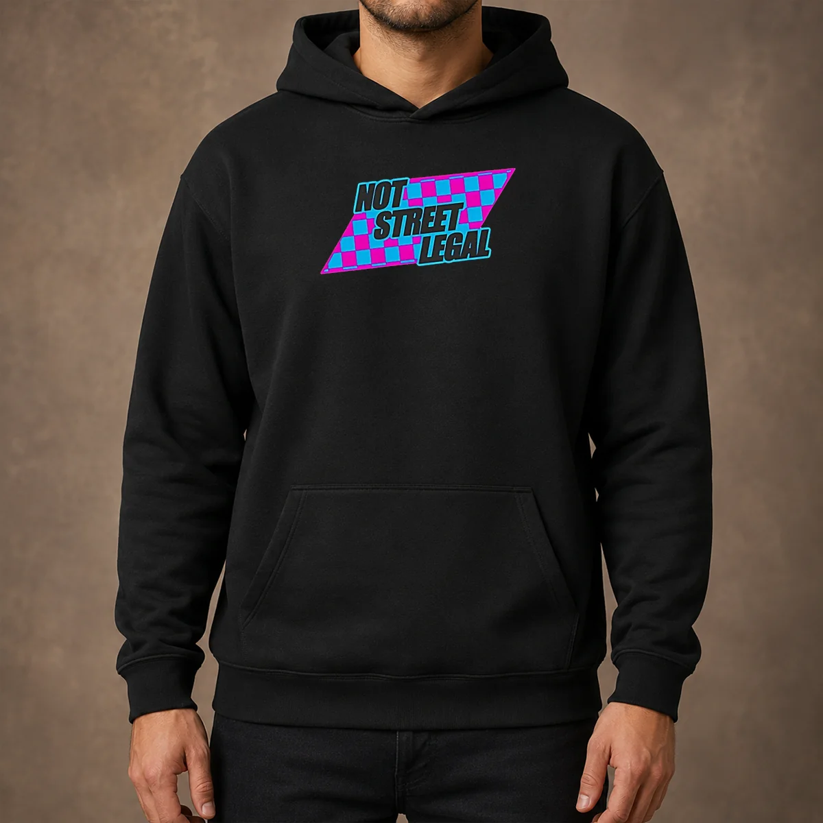 Awesome Not Street Legal Hoodie in black, front view with kangaroo pocket and adjustable drawstring hood