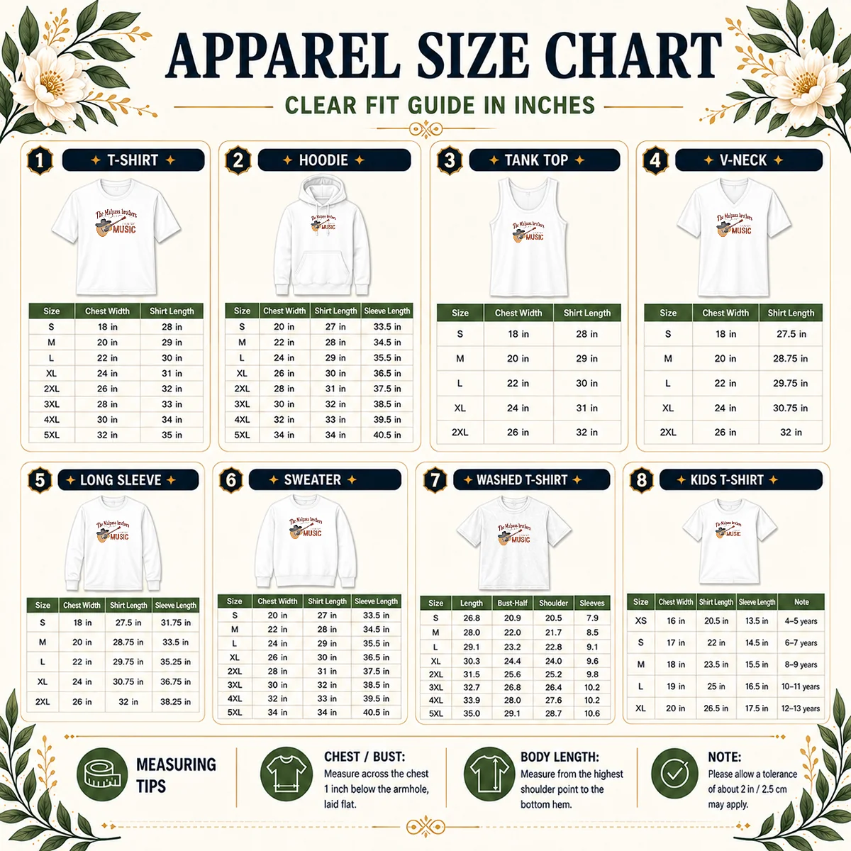 Awesome The Malpass Brothers Country Music Size Chart Size chart for Awesome The Malpass Brothers Country Music with measurements in inches and cm