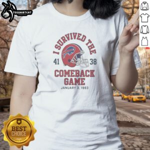 Buffalo Bills I Survived The Comeback Game Ladies Shirt in navy blue, featuring bold white and red text on a comfortable fitted tee