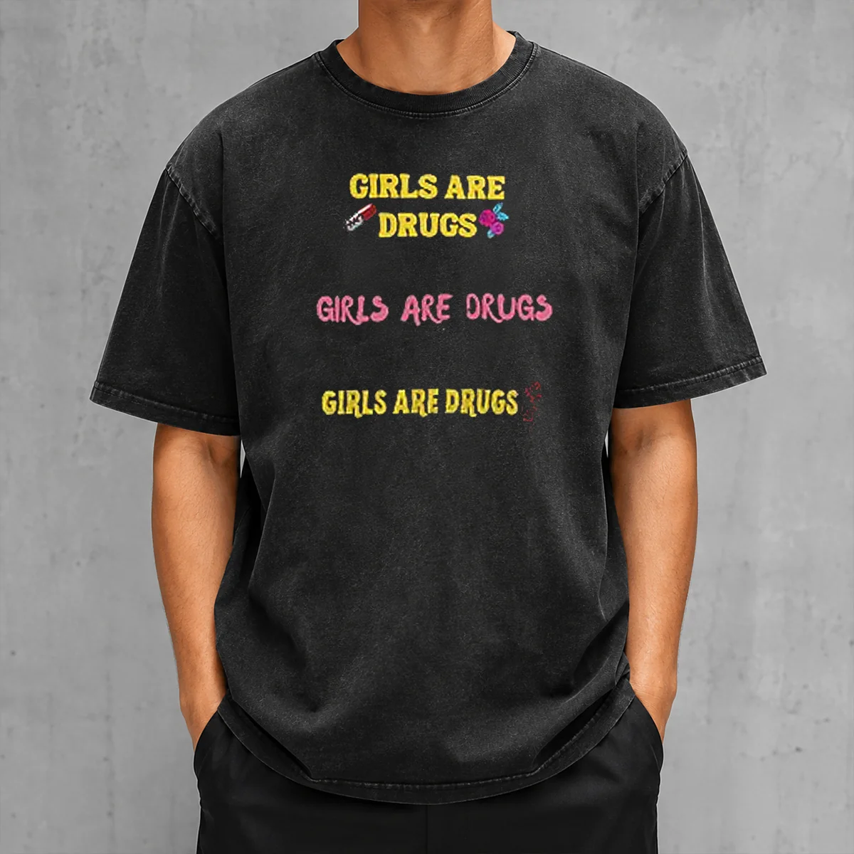 Funny Girls Are Drugs Sticker Set T Shirt Premium Oversized displayed on a soft washed oversized t shirt in light gray