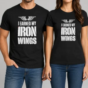 Funny I Earned My Iron Wings Aviation Pilot t shirt in black with bold white and yellow text design