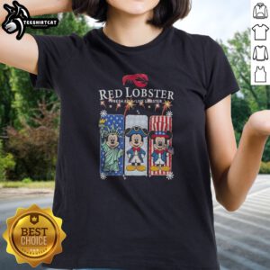 Funny Red Lobster Fresh Fish Live Lobster Mickey Mouse USA Ladies shirt in red with playful graphic