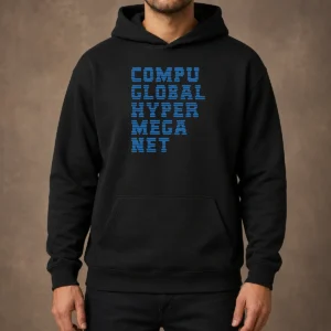 Good Compu Global Hyper Mega Met Hoodie in black with front pocket and adjustable drawstring hood