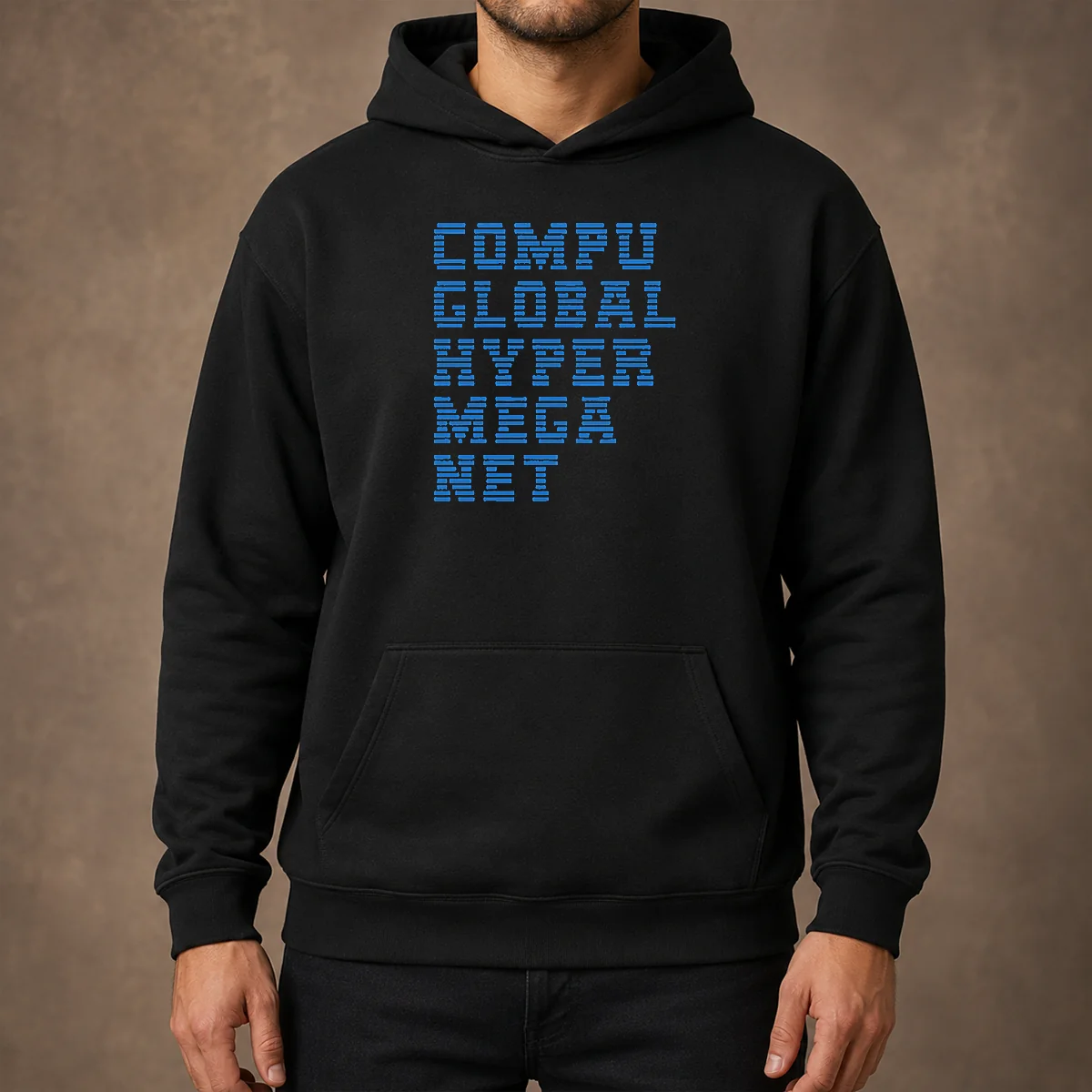Good Compu Global Hyper Mega Met Hoodie in black with front pocket and adjustable drawstring hood