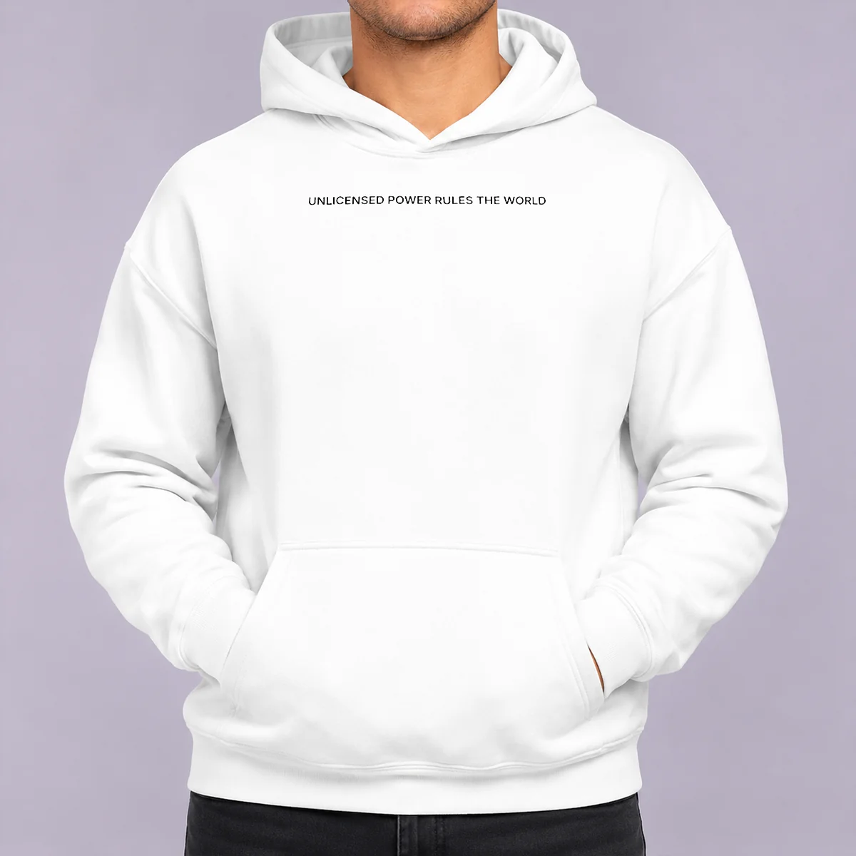 Good Unlicensed Power Rules The World Hoodie in black, featuring bold white text across the chest, cozy pullover style with front pocket