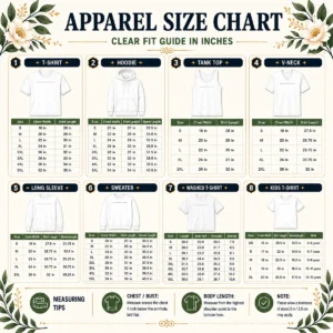 Size chart for Good Unlicensed Power Rules The World showing garment measurements in inches and cm