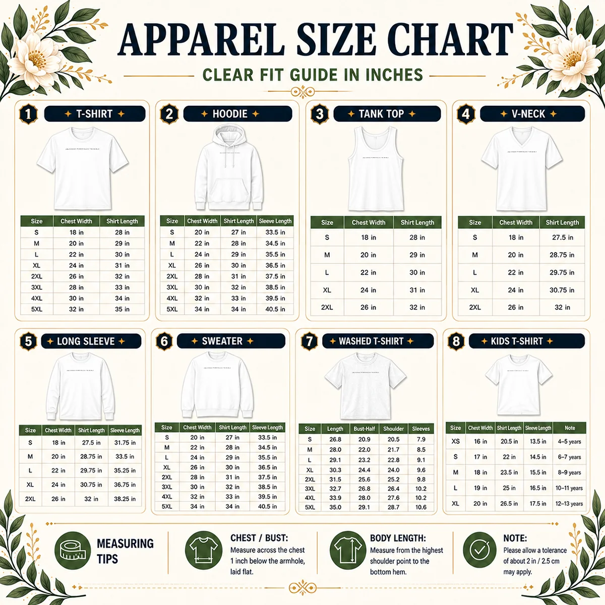 Good Unlicensed Power Rules The World Size Chart Size chart for Good Unlicensed Power Rules The World showing garment measurements in inches and cm
