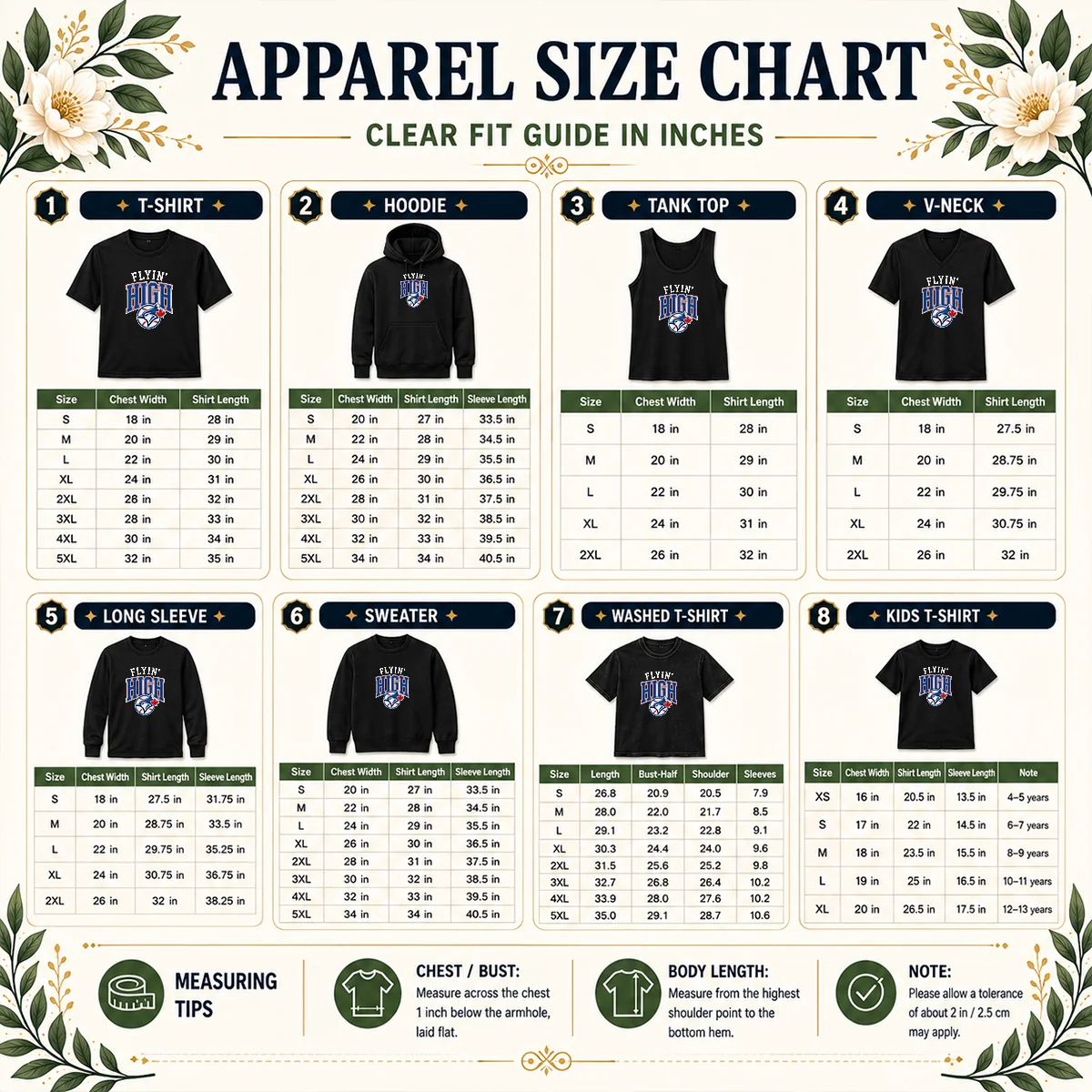 Hot Toronto Blue Jays Flyin High Logo Size Chart Size chart for Hot Toronto Blue Jays Flyin High Logo showing garment measurements in inches and cm