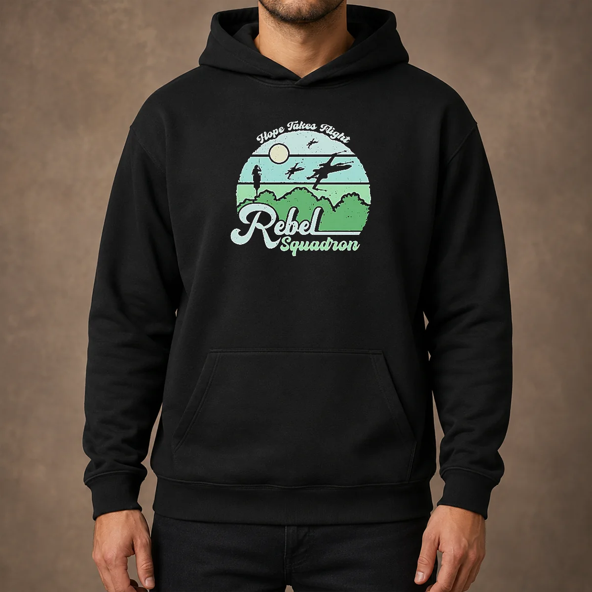 Nice Hope Takes Flight Rebel Squadron Hoodie in black with front graphic and kangaroo pocket