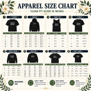 Size chart for Nice People Need To Start Appreciating The Effort I Put Into Not Being A Serial Killer Typography with measurements in inches and cm