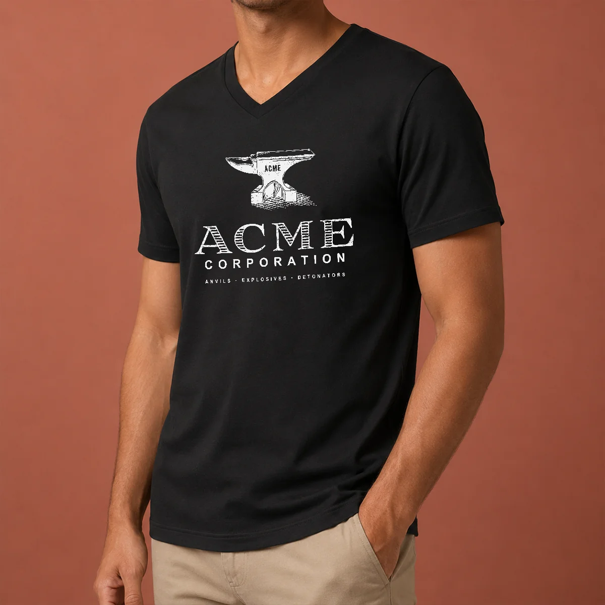 Official ACME Corporation Anvils Explosives Detonators V-Neck Shirt Official ACME Corporation Anvils Explosives Detonators V-Neck Shirt