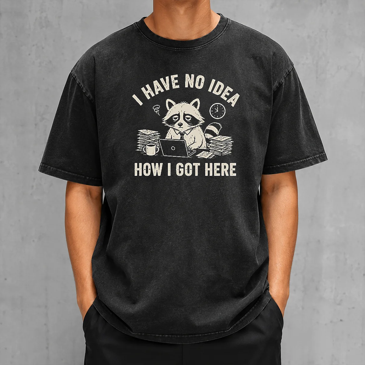 Official I Have No Idea How I Got Here washed t shirt in light grey with relaxed fit and soft fabric
