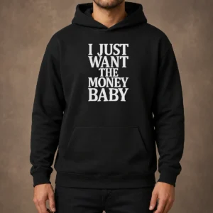 Official I Just Want The Money Baby Hoodie in black with bold white text on front, cozy pullover style