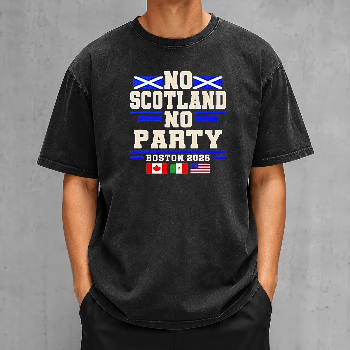 Official No Scotland No Party Boston 2026 washed t shirt in faded black with bold white text design