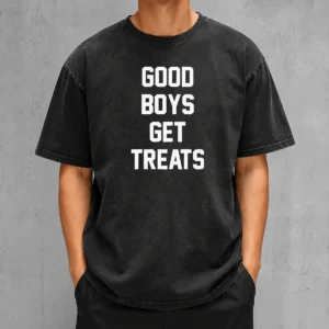Original Boys Get Treats Text Washed T Shirt showing front print on soft cotton fabric