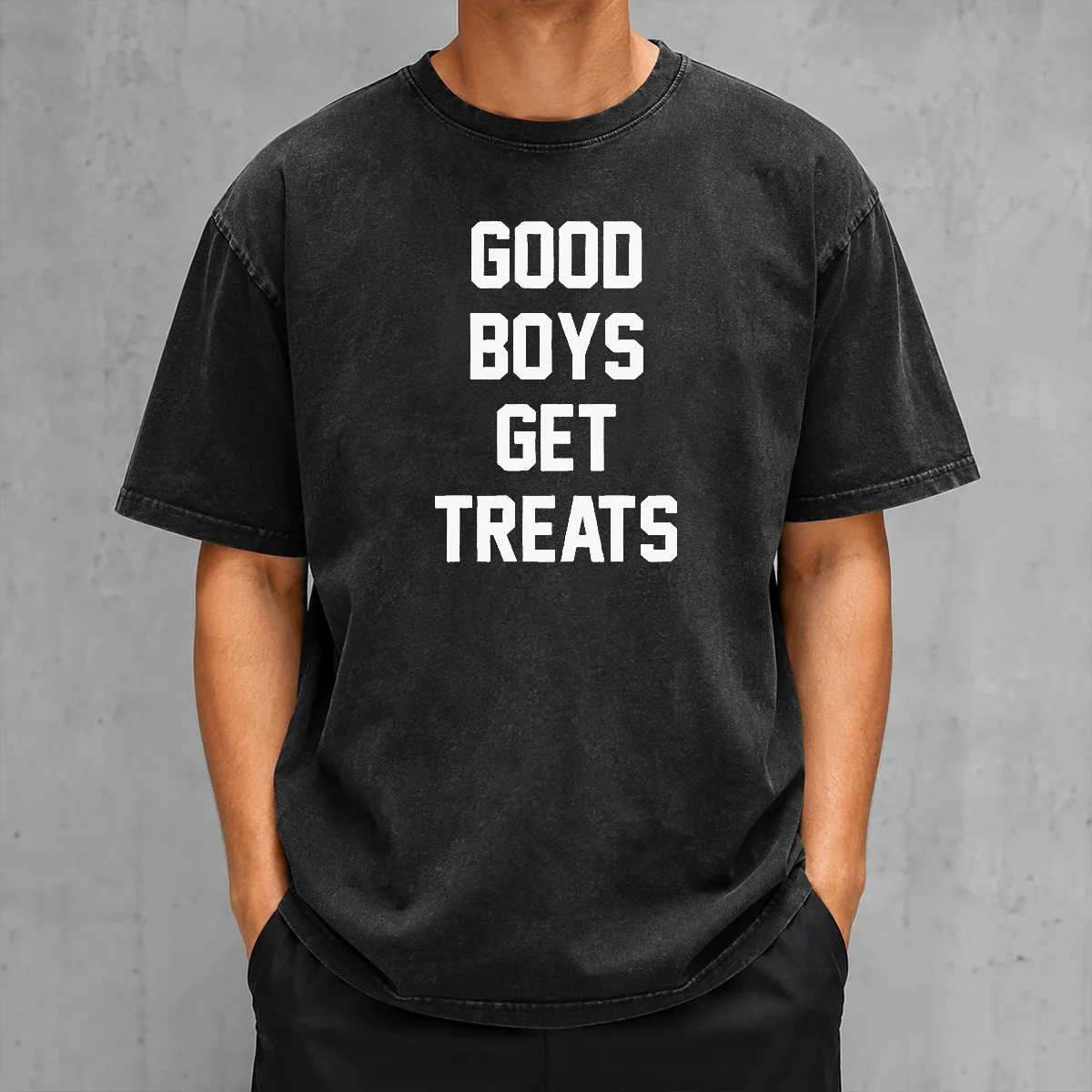 Original Boys Get Treats Text Washed T Shirt showing front print on soft cotton fabric