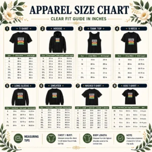 Size chart for Original Fascism Does Not Arrive Saying I Am Fascism It Arrives Saying Law And Order with measurements in inches and cm to help choose the right fit