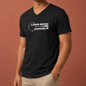 Original Long Bonk Capable Sniper Rifle Bullet Trajectory Precision Target Shooting V Neck Shirt in black, front view