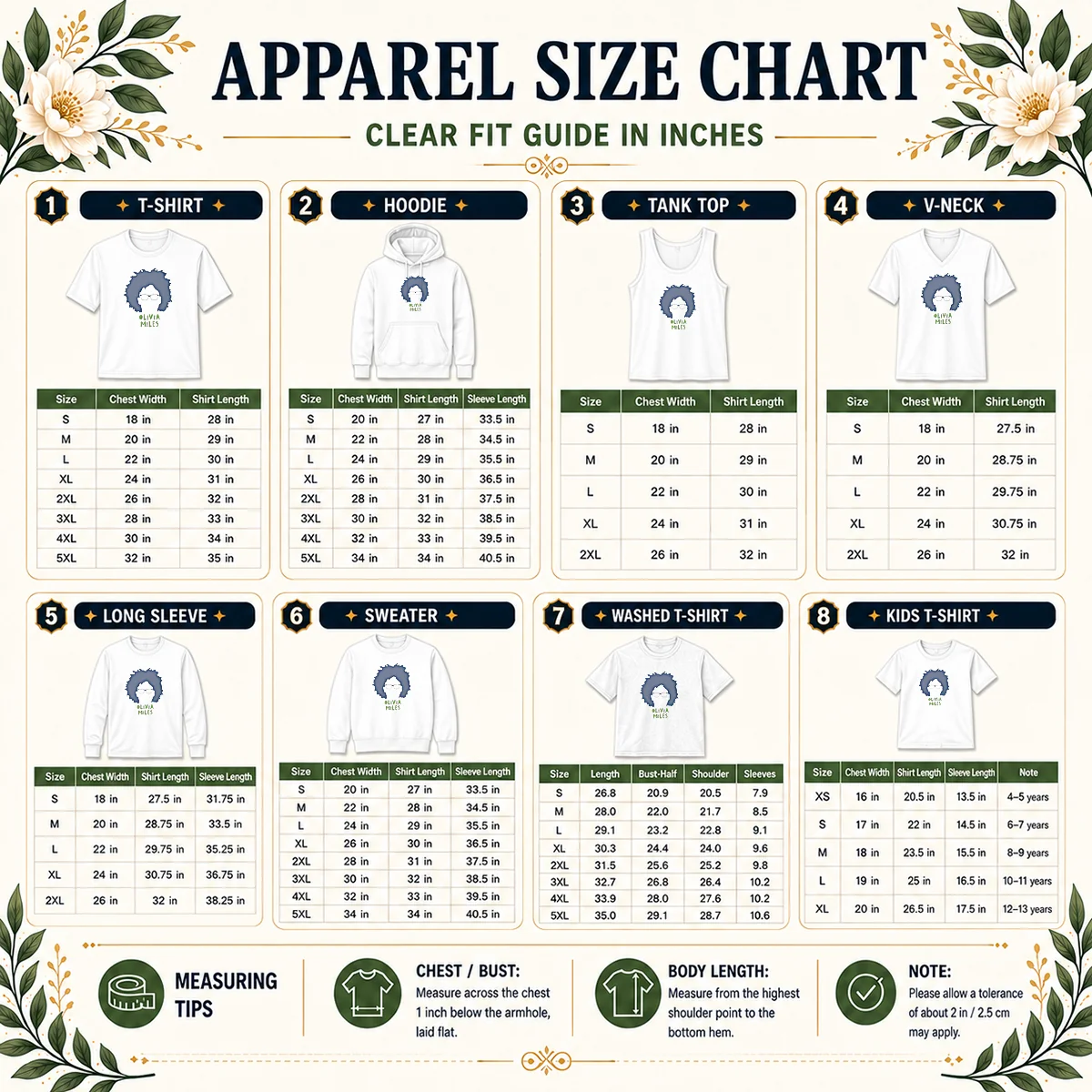 Original Olivia Miles Minnesota Lynx Size Chart Size chart for Original Olivia Miles Minnesota Lynx with measurements in inches and centimeters