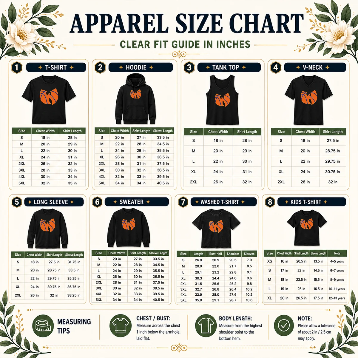 Original Wu Tang Clan X New York Knicks Logo Size Chart Size chart for Original Wu Tang Clan X New York Knicks Logo with measurements in inches and cm
