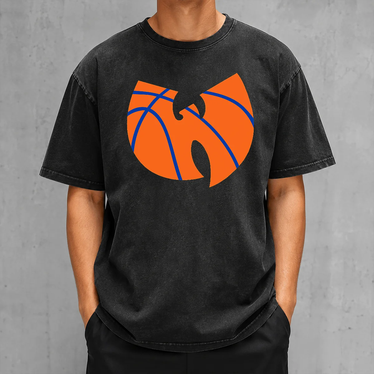Original Wu Tang Clan X New York Knicks Logo on a washed cotton t shirt with vintage texture