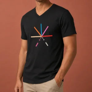 Premium Abstract Geometric Color Burst Minimalist Pattern Composition V Neck Shirt in vibrant colors on a soft fabric